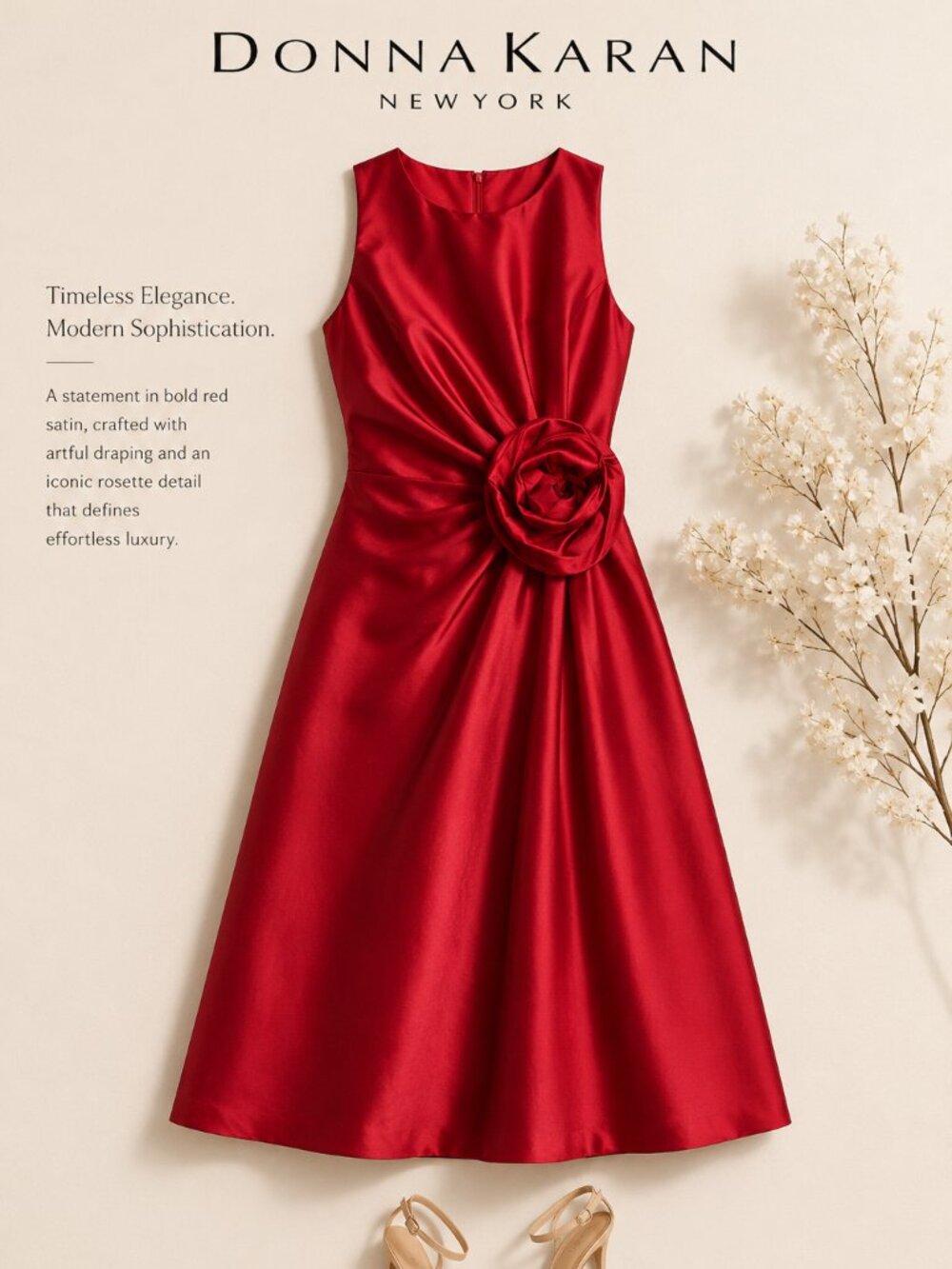 Donna Karan New York Satin Rosette Midi Dress Size 12 Red NWT Wedding Guest